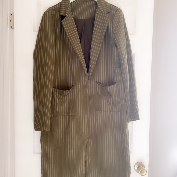 Olive Pinstripe Women's Trench Coat - Picture 6 of 6